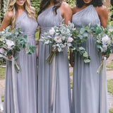 Dusty Blue One Shoulder Chiffon Long Boho Pleated Bridesmaid Dress