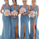 Grey Blue Sheath Chiffon Ruched Long Bridesmaid Dress with Slit