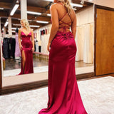 Allie |Mermaid Spaghetti Straps Satin Prom Dress with Slit