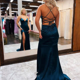 Allie |Mermaid Spaghetti Straps Satin Prom Dress with Slit