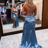 Allie |Mermaid Spaghetti Straps Satin Prom Dress with Slit