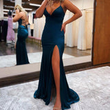 Allie |Mermaid Spaghetti Straps Satin Prom Dress with Slit