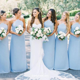 Elegant Sheath Halter Light Blue Satin Long Bridesmaid Dresses