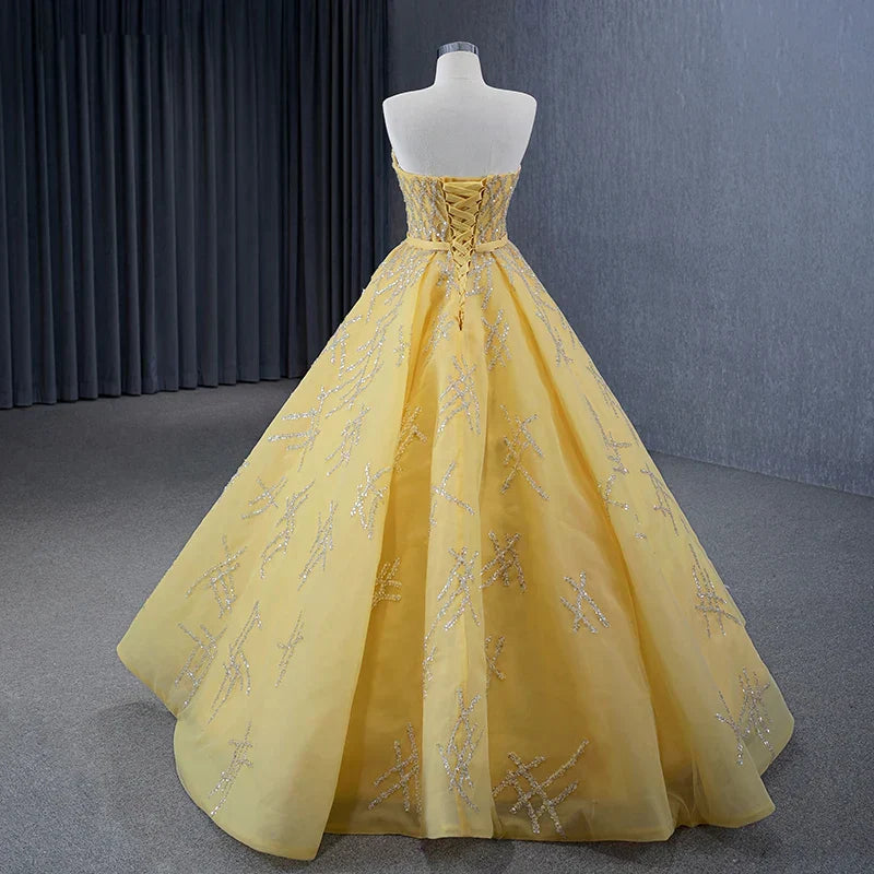 Quinceanera Dress Elegant Yellow Strapless Sequins Ball Gown Lace Up Pleated Evening Dress