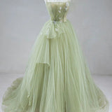 A Line Corset Back Sage Green Tulle Long Prom Dresses