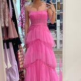 Princess Hot Pink Tiered Tulle Prom Dress