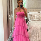 Princess Hot Pink Tiered Tulle Prom Dress