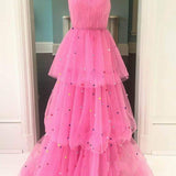 Tessa | Hot Pink A-Line Tulle Prom Dress with Colorful Dots