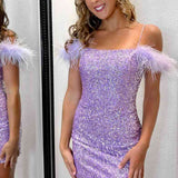 Georgiana |Bodycon Sequins Homecoming Dress with Feathers