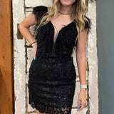 Tina |Sheath V-Neck Feathered Sequins Homecoming Dress