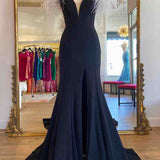 Sophia | Long Black High Slit Prom Dress with White Feather