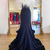 Sophia | Long Black High Slit Prom Dress with White Feather