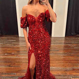 Red Puff Sleeves Sequined Long Party Dress with Side Slit