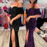 Red Puff Sleeves Sequined Long Party Dress with Side Slit