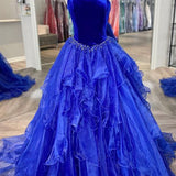 Belinda | Ruffle One Shoulder Royal Blue Velvet Top Long Formal Dress