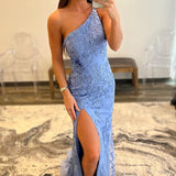 Kimberly |Mermaid One Shoulder Lace Long Prom Dress with Slit