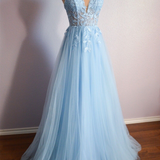 Cynthia | Light Blue V Neck Lace-Up Appliques Tulle Long Prom Dress