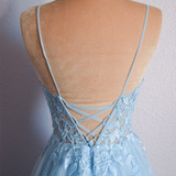 Cynthia | Light Blue V Neck Lace-Up Appliques Tulle Long Prom Dress