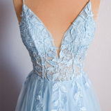 Cynthia | Light Blue V Neck Lace-Up Appliques Tulle Long Prom Dress