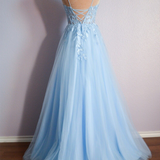 Cynthia | Light Blue V Neck Lace-Up Appliques Tulle Long Prom Dress