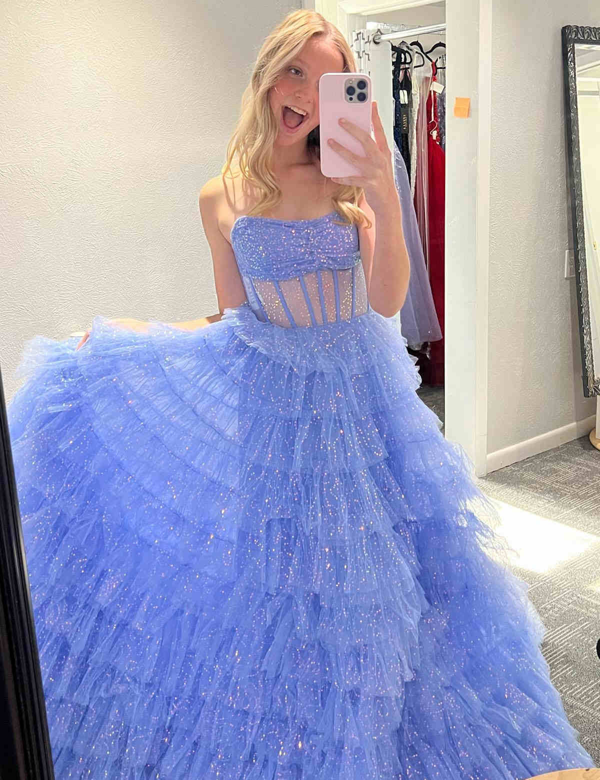 Aubriella |A Line Strapless Corset Glitter Tulle Prom Dress with Ruffles