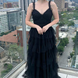 Yasmine | V-Neck Black Layered Tulle A-Line Prom Dress