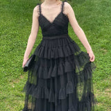 Yasmine | V-Neck Black Layered Tulle A-Line Prom Dress