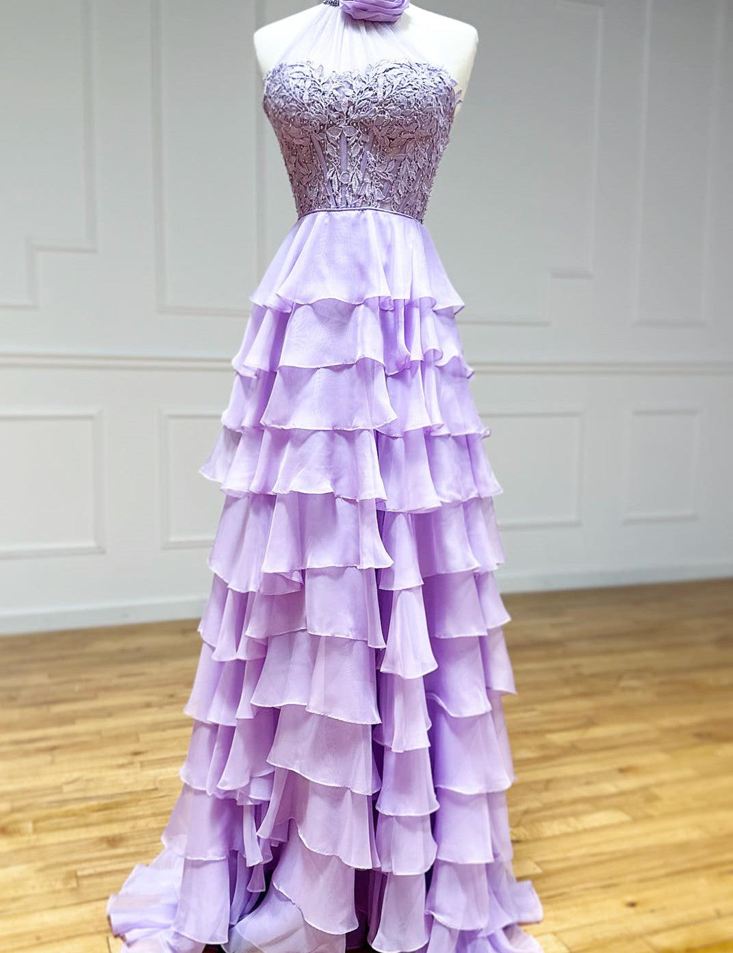 Emerie |A line High Neck Tiered Chiffon Prom Dress with 3D Flower