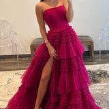 Daniela |A-Line Strapless Tulle Long Prom Dress with Tiered Ruffles