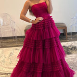 Daniela |A-Line Strapless Tulle Long Prom Dress with Tiered Ruffles