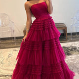 Daniela |A-Line Strapless Tulle Long Prom Dress with Tiered Ruffles