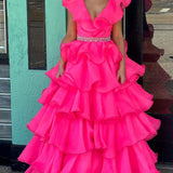 Zoey | Hot Pink V-Neck Ruffle Tiered Long Prom Dress with Beaded Waist