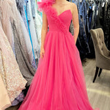 Delaney |A-Line One Shoulder Long Tulle Prom Dress with Ruffles