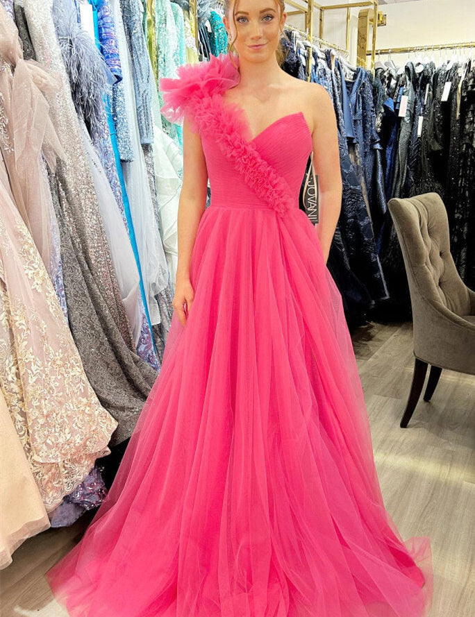 Delaney |A-Line One Shoulder Long Tulle Prom Dress with Ruffles