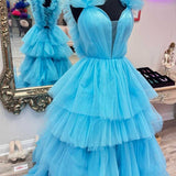 Bernice | Light Blue Ruffle Straps A-Line Tiered Prom Dress