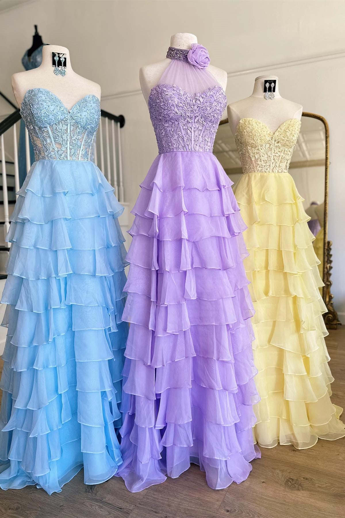 Alondra | Royal Blue Chiffon Sweetheart Ruffle Tiered Long Prom Dress