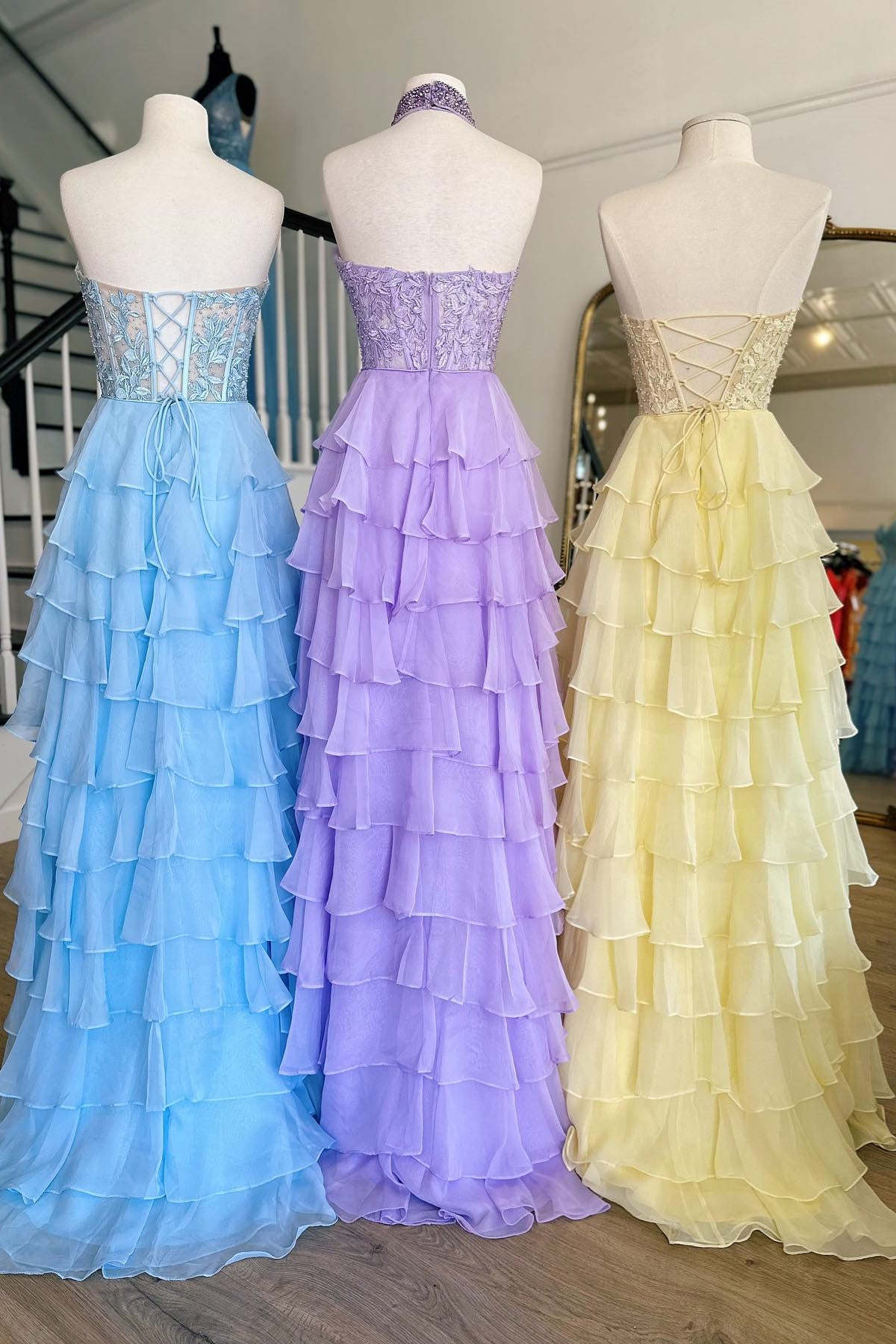 Alondra | Royal Blue Chiffon Sweetheart Ruffle Tiered Long Prom Dress