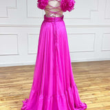 Aadhya | Lace-Up Fuchsia V-Neck Ruffle Pleated Long Prom Dress