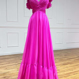 Aadhya | Lace-Up Fuchsia V-Neck Ruffle Pleated Long Prom Dress