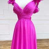 Aadhya | Lace-Up Fuchsia V-Neck Ruffle Pleated Long Prom Dress