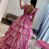 August | Glitter Tie Straps Pink Plunging Neck Tiered Long Prom Dress