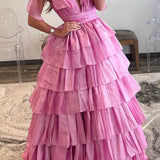 August | Glitter Tie Straps Pink Plunging Neck Tiered Long Prom Dress