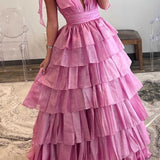 August | Glitter Tie Straps Pink Plunging Neck Tiered Long Prom Dress