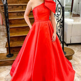 Aliya | Red One Shoulder Bow Tie Satin Prom Dress with Pockets