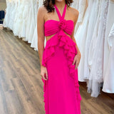 Siena | Halter Magenta Cut Out Ruffle Long Formal Dress