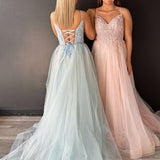 Aileen | V-Neck Lace-Up Appliques Tulle A-Line Prom Dress