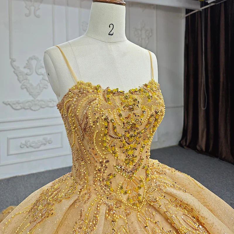 Quinceanera Dress Gold Beading Formal Long Evening Dress Spaghetti Straps Ball Gown