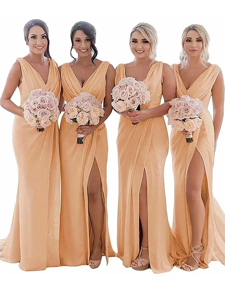 Grey Blue Sheath Chiffon Ruched Long Bridesmaid Dress with Slit