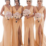 Grey Blue Sheath Chiffon Ruched Long Bridesmaid Dress with Slit