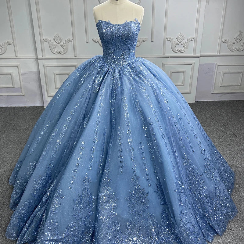 Gorgeous Blue Sleeveless Strapless Ball Gown Quinceanera Dresses